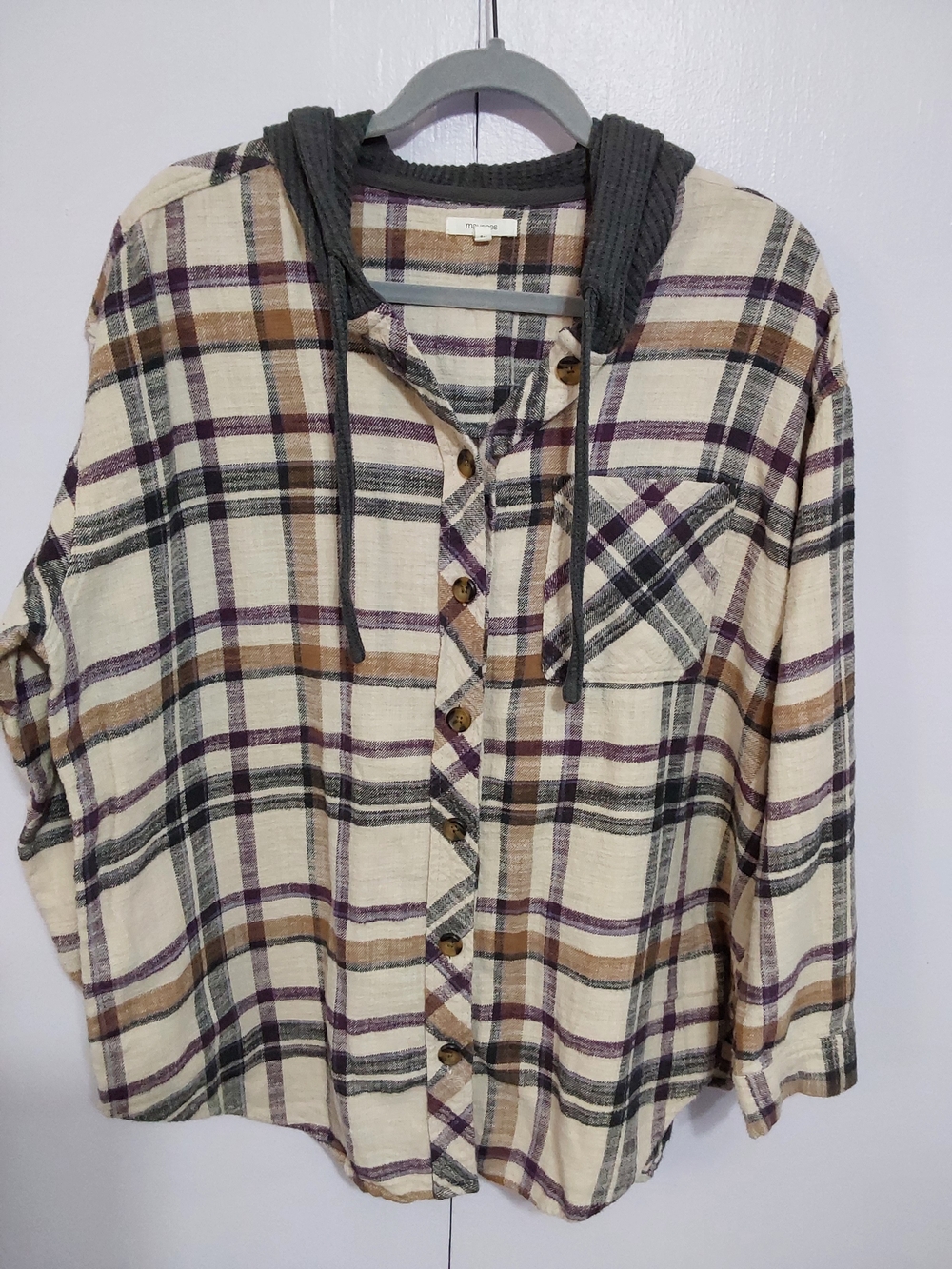 Maurices Women's Button-Down Plaid Shirt with Hood - Cream, Brown & Purple